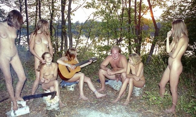 Photo collection of man and woman nudists on nature in the forest